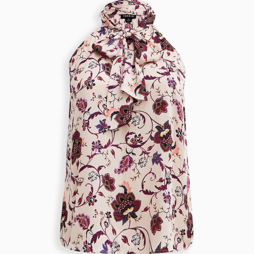 Torrid Satin High Neck Bow Tie Front Halter Top Floral Pink
